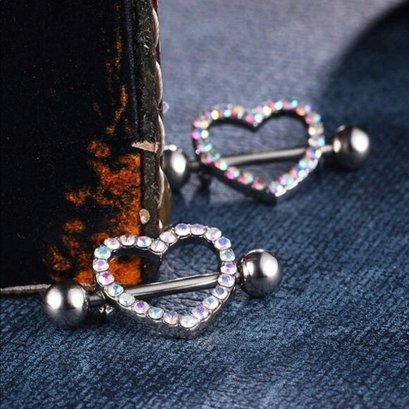 14G 316L Silver and CZ Nipple Rings - Set of 2 - Picture 5 of 7